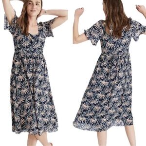 LN Madewell Ruffle-Sleeve Navy Blue Tie Waist Midi Dress in Oasis Palms - S
